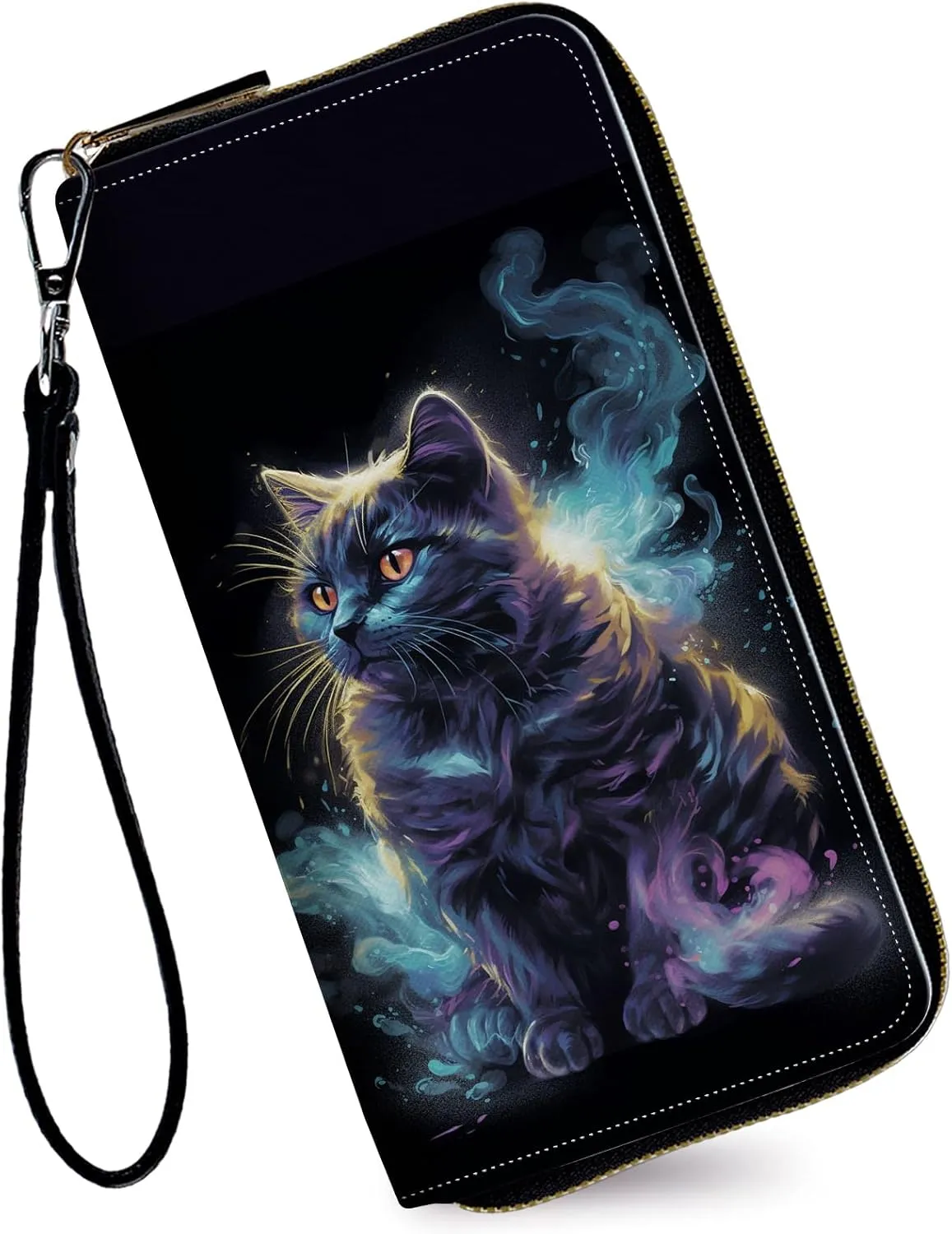 Women's Wallets,Credit Card Holder Money Leather Long Wallet with Wristlet,Large Capacity with Zip-Around Phone Purse for Women Ladies Girls,Black Cat