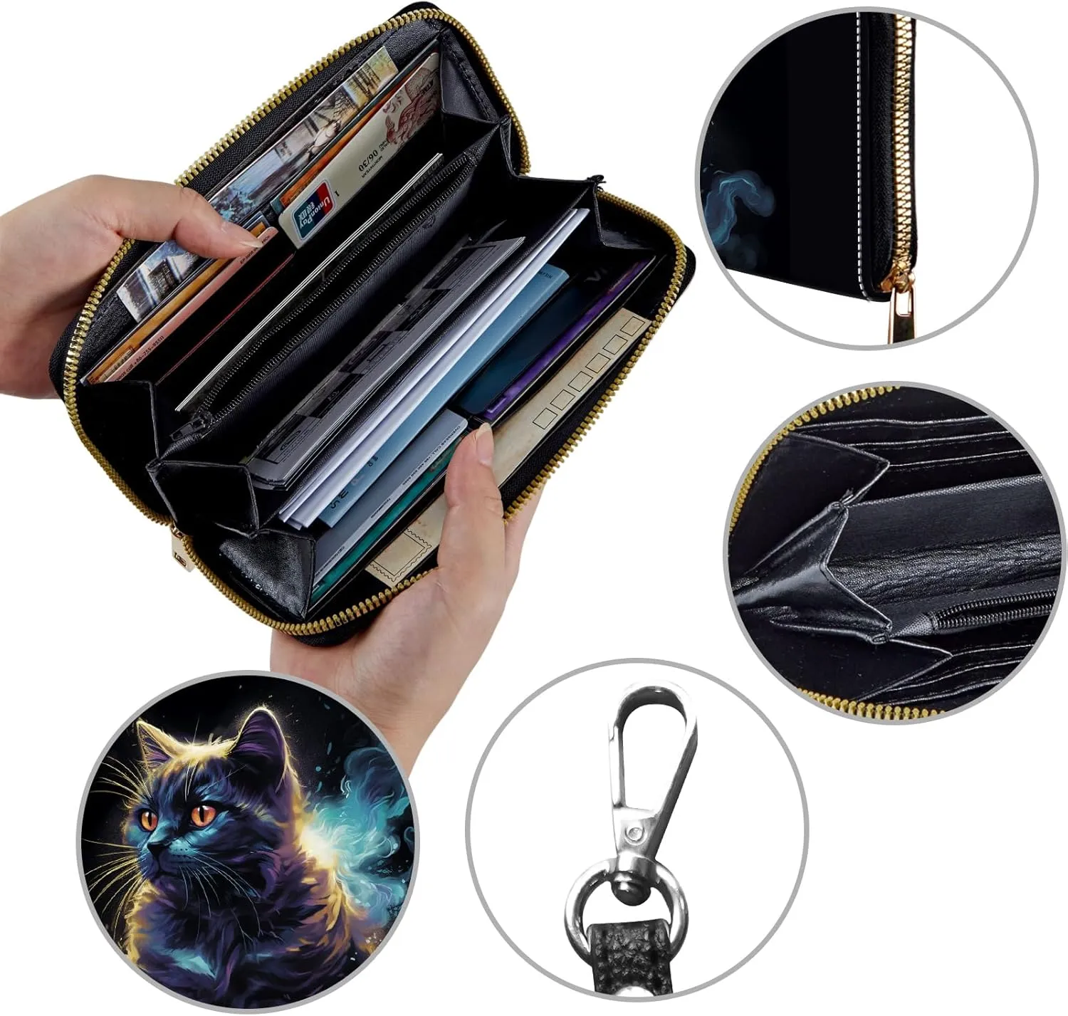 Women's Wallets,Credit Card Holder Money Leather Long Wallet with Wristlet,Large Capacity with Zip-Around Phone Purse for Women Ladies Girls,Black Cat