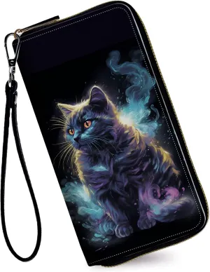 Women's Wallets,Credit Card Holder Money Leather Long Wallet with Wristlet,Large Capacity with Zip-Around Phone Purse for Women Ladies Girls,Black Cat