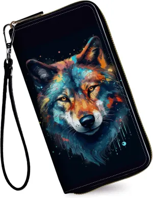 Women's Wallets,Credit Card Holder Money Leather Long Wallet with Wristlet,Large Capacity with Zip-Around Phone Purse for Women Ladies Girls,Blue Wolf