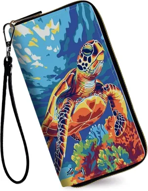 Women's Wallets,Credit Card Holder Money Leather Long Wallet with Wristlet,Large Capacity with Zip-Around Phone Purse for Women Ladies Girls,Colorful Turtle