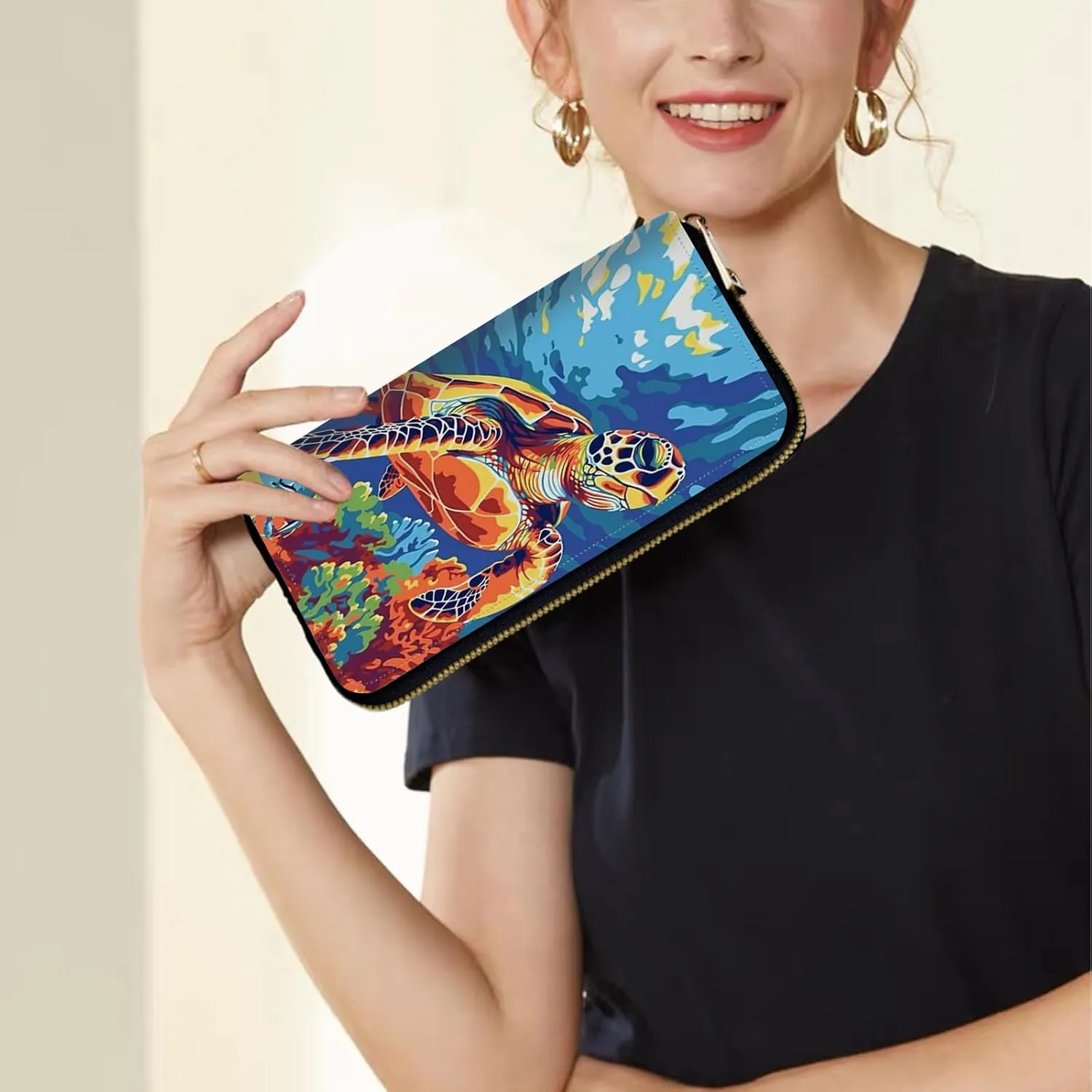 Women's Wallets,Credit Card Holder Money Leather Long Wallet with Wristlet,Large Capacity with Zip-Around Phone Purse for Women Ladies Girls,Colorful Turtle