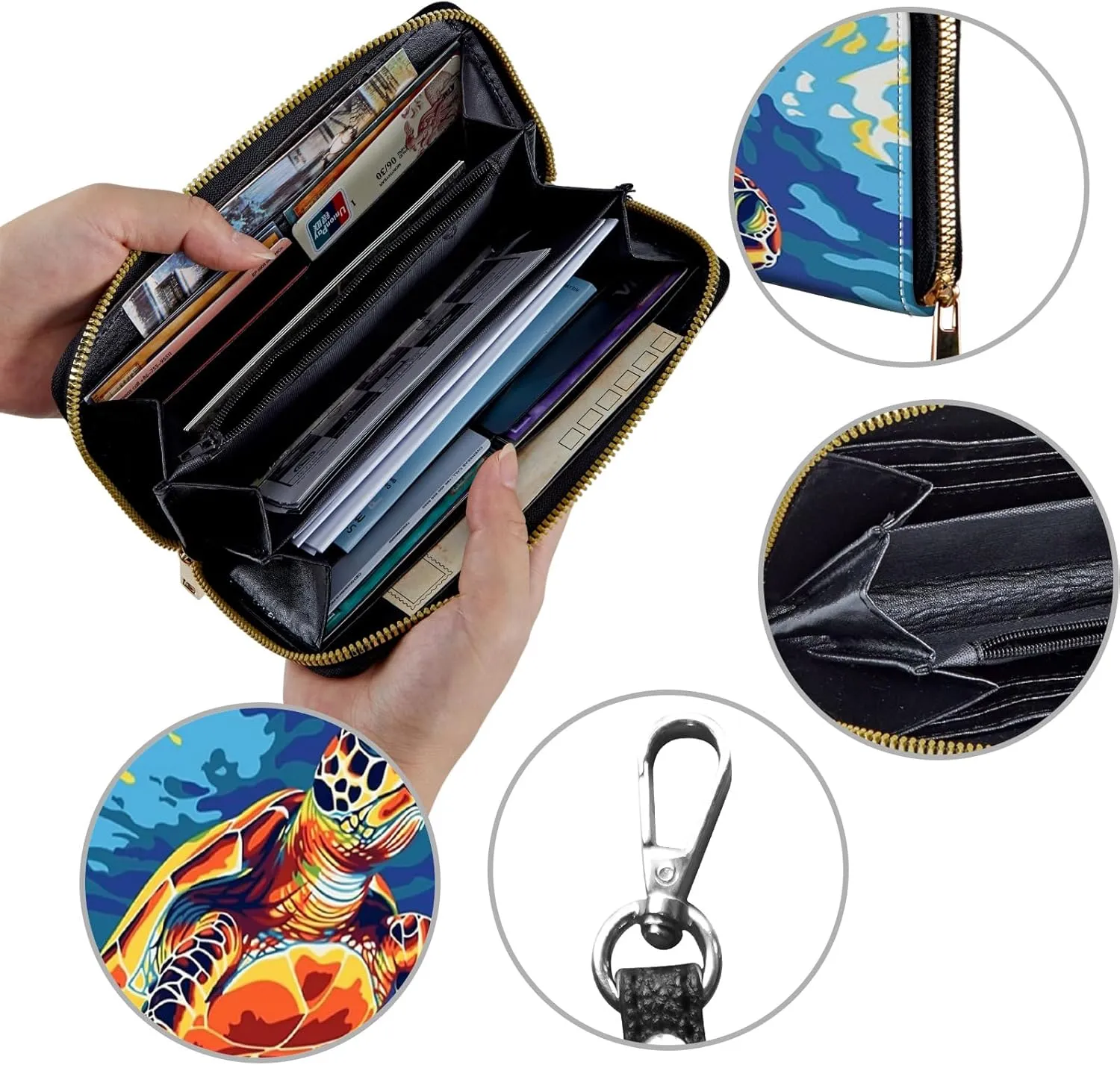 Women's Wallets,Credit Card Holder Money Leather Long Wallet with Wristlet,Large Capacity with Zip-Around Phone Purse for Women Ladies Girls,Colorful Turtle