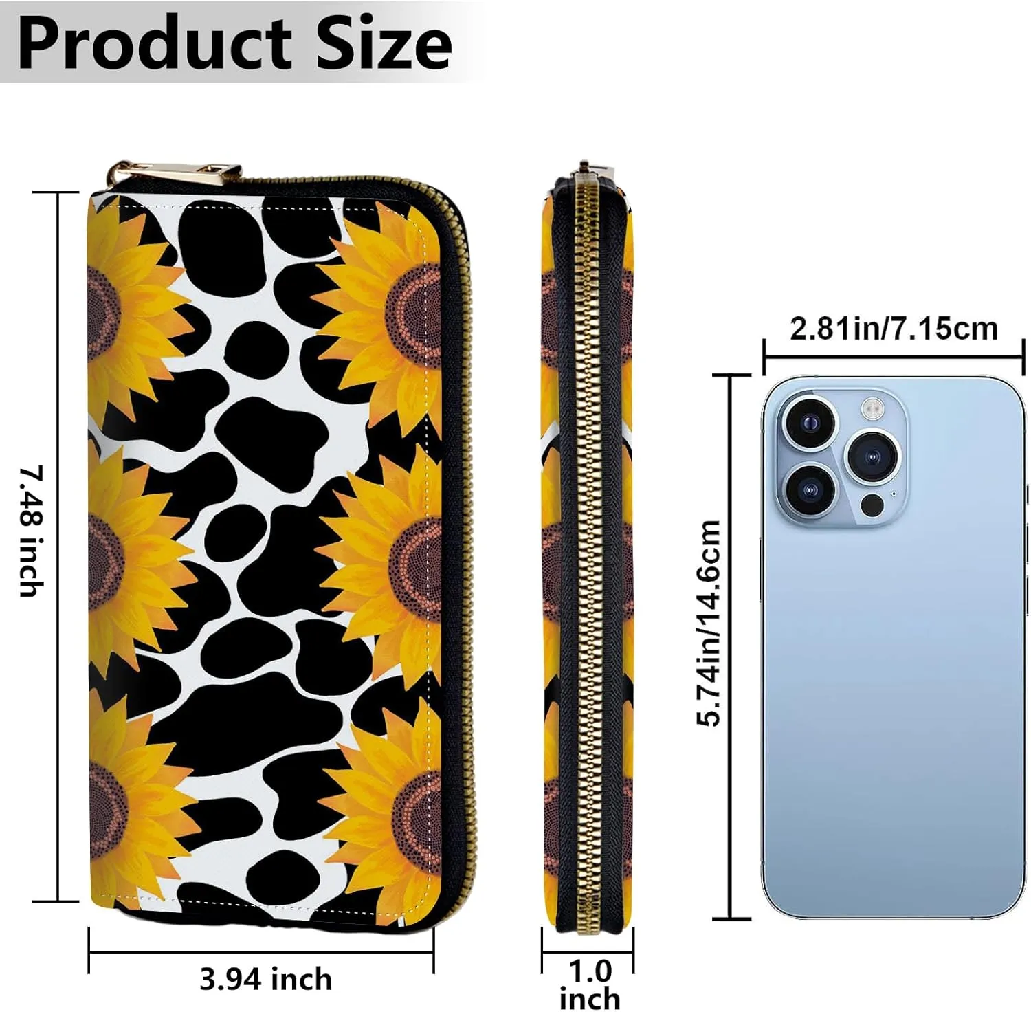 Women's Wallets,Credit Card Holder Money Leather Long Wallet with Wristlet,Large Capacity with Zip-Around Phone Purse for Women Ladies Girls,Cow Print Sunflowers