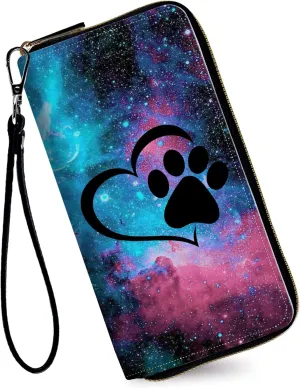 Women's Wallets,Credit Card Holder Money Leather Long Wallet with Wristlet,Large Capacity with Zip-Around Phone Purse for Women Ladies Girls,Galaxy Love Paw