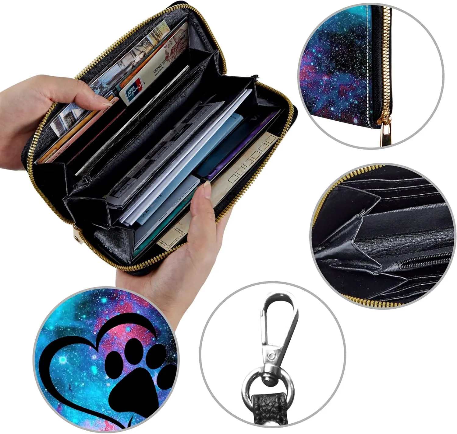 Women's Wallets,Credit Card Holder Money Leather Long Wallet with Wristlet,Large Capacity with Zip-Around Phone Purse for Women Ladies Girls,Galaxy Love Paw
