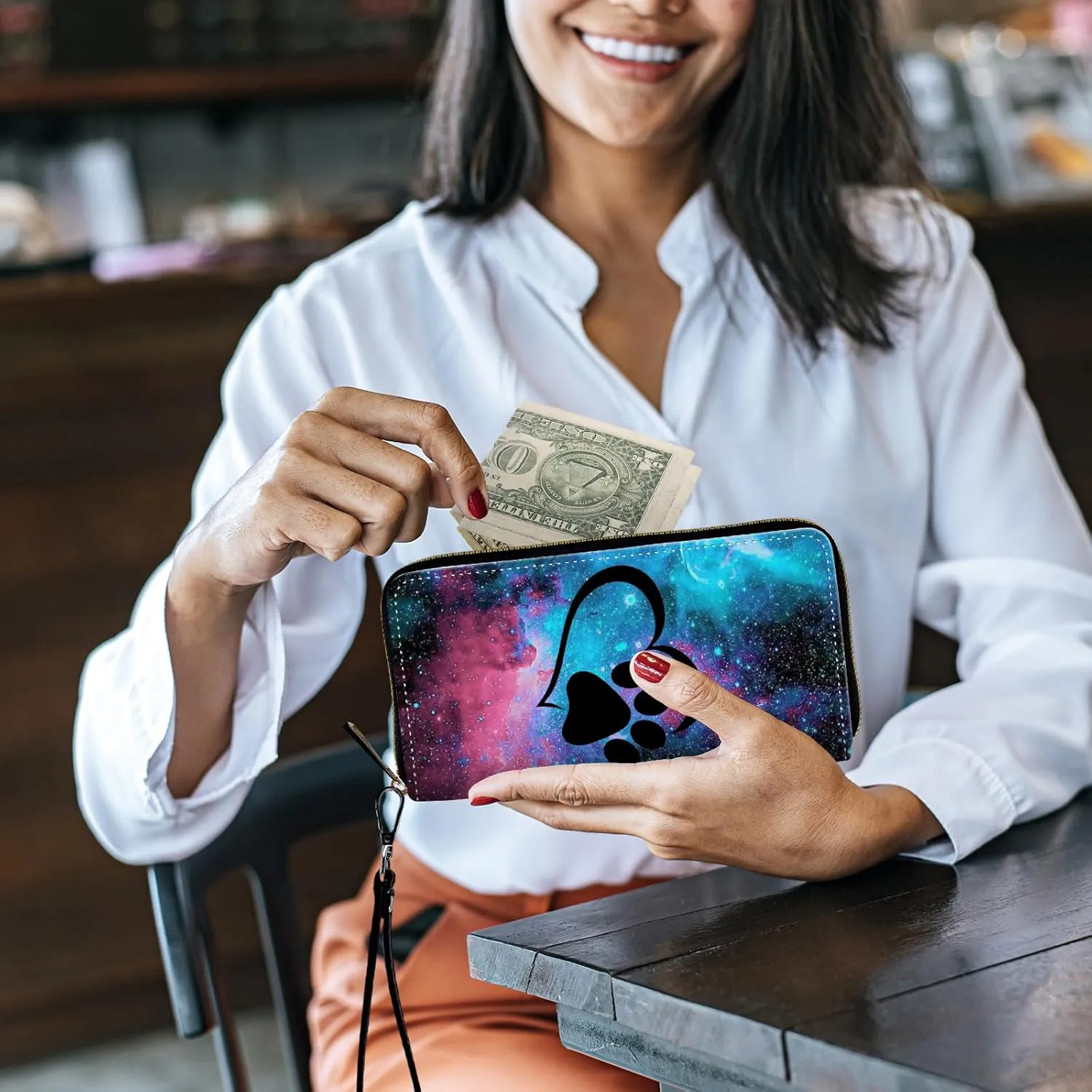 Women's Wallets,Credit Card Holder Money Leather Long Wallet with Wristlet,Large Capacity with Zip-Around Phone Purse for Women Ladies Girls,Galaxy Love Paw