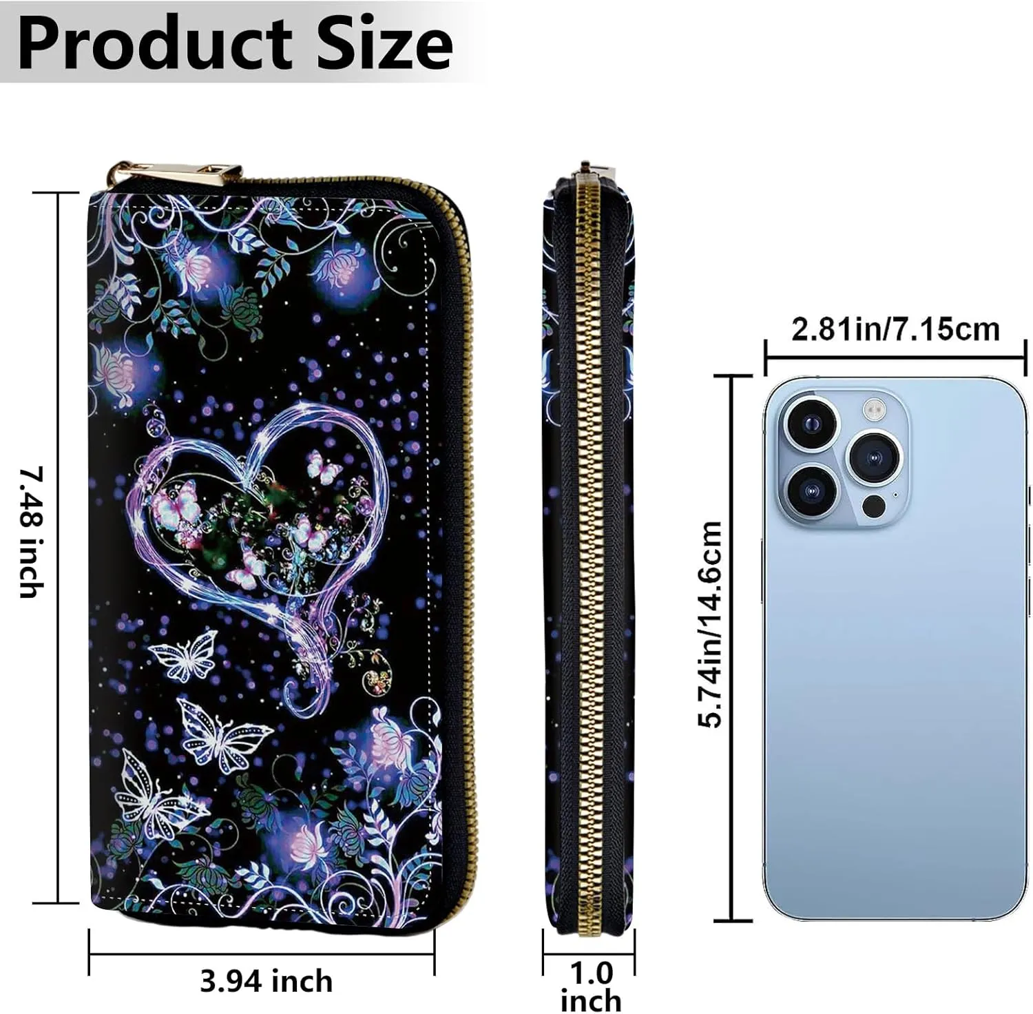 Women's Wallets,Credit Card Holder Money Leather Long Wallet with Wristlet,Large Capacity with Zip-Around Phone Purse for Women Ladies Girls,Purple Butterfly Flower