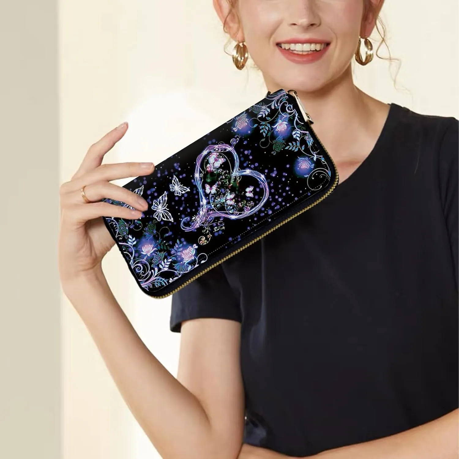 Women's Wallets,Credit Card Holder Money Leather Long Wallet with Wristlet,Large Capacity with Zip-Around Phone Purse for Women Ladies Girls,Purple Butterfly Flower