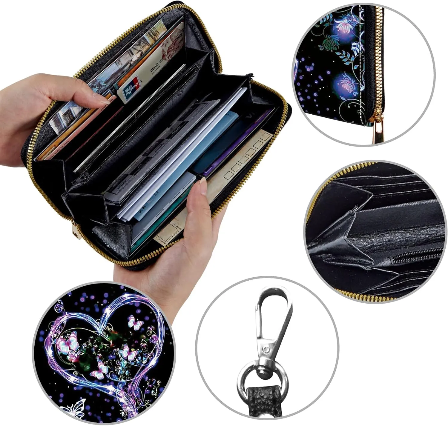 Women's Wallets,Credit Card Holder Money Leather Long Wallet with Wristlet,Large Capacity with Zip-Around Phone Purse for Women Ladies Girls,Purple Butterfly Flower