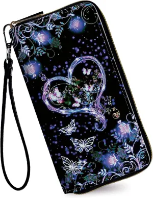 Women's Wallets,Credit Card Holder Money Leather Long Wallet with Wristlet,Large Capacity with Zip-Around Phone Purse for Women Ladies Girls,Purple Butterfly Flower