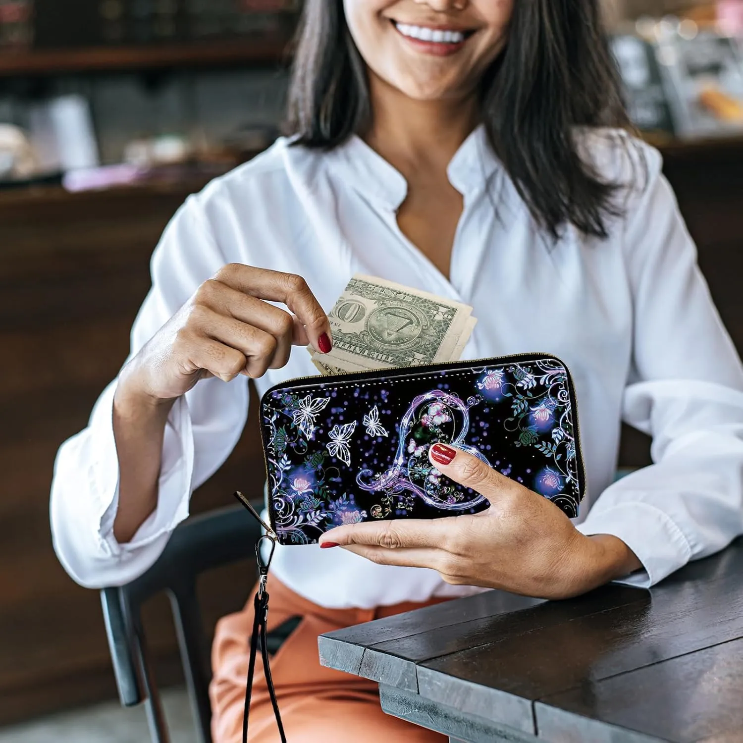 Women's Wallets,Credit Card Holder Money Leather Long Wallet with Wristlet,Large Capacity with Zip-Around Phone Purse for Women Ladies Girls,Purple Butterfly Flower