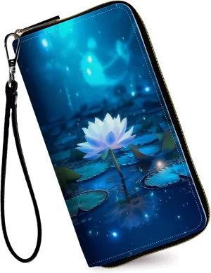 Women's Wallets,Credit Card Holder Money Leather Long Wallet with Wristlet,Large Capacity with Zip-Around Phone Purse for Women Ladies Girls,Sparkling Lotus Flowers