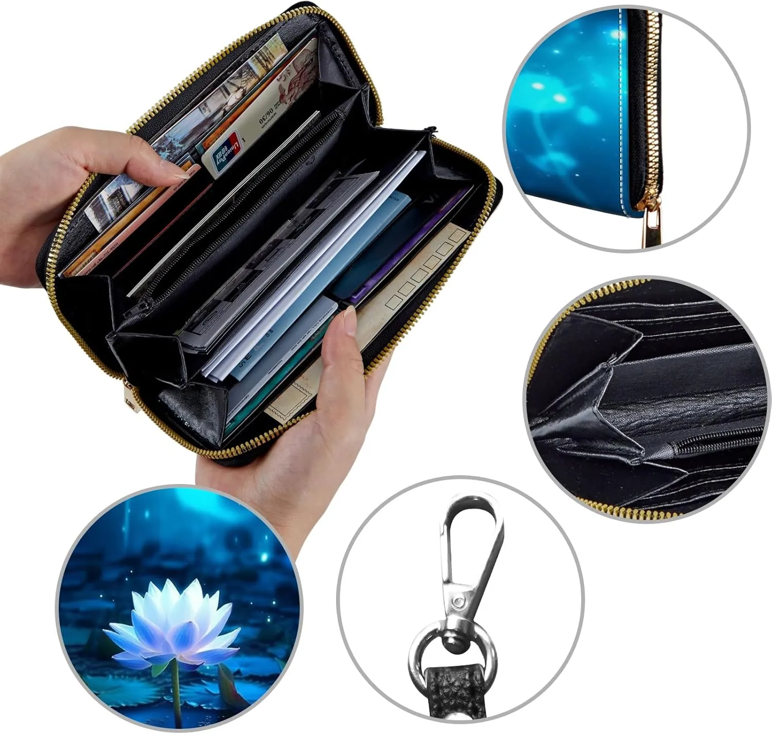 Women's Wallets,Credit Card Holder Money Leather Long Wallet with Wristlet,Large Capacity with Zip-Around Phone Purse for Women Ladies Girls,Sparkling Lotus Flowers