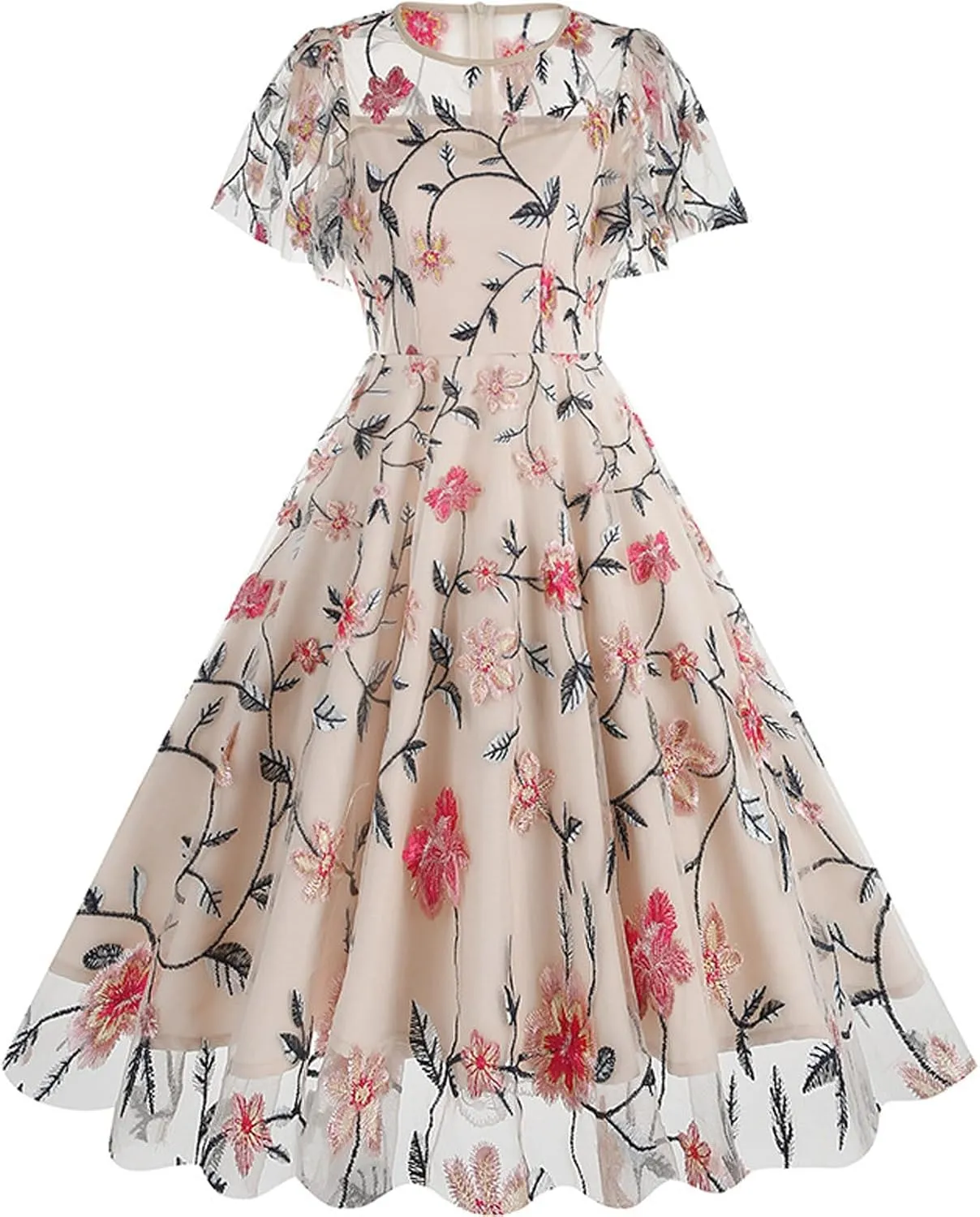 Women's Wedding Guest Dresses Floral Embroidery Tulle Vintage Cocktail Swing Dress Ruffle Short Sleeve Prom Dress