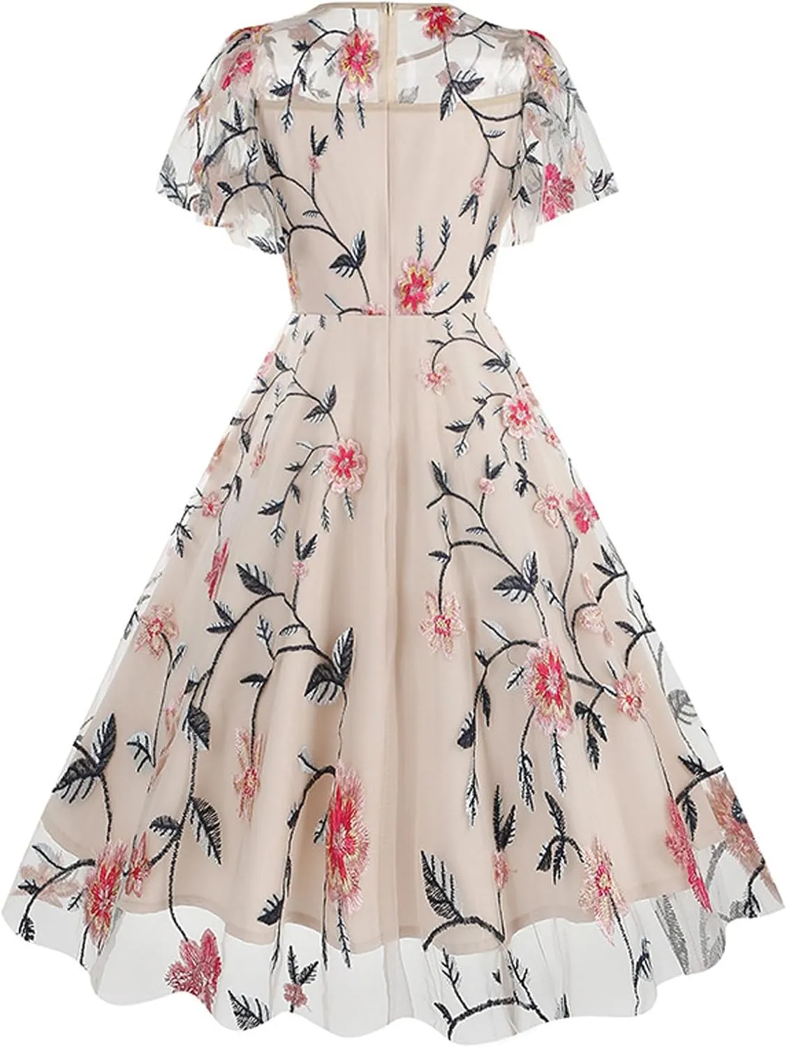 Women's Wedding Guest Dresses Floral Embroidery Tulle Vintage Cocktail Swing Dress Ruffle Short Sleeve Prom Dress