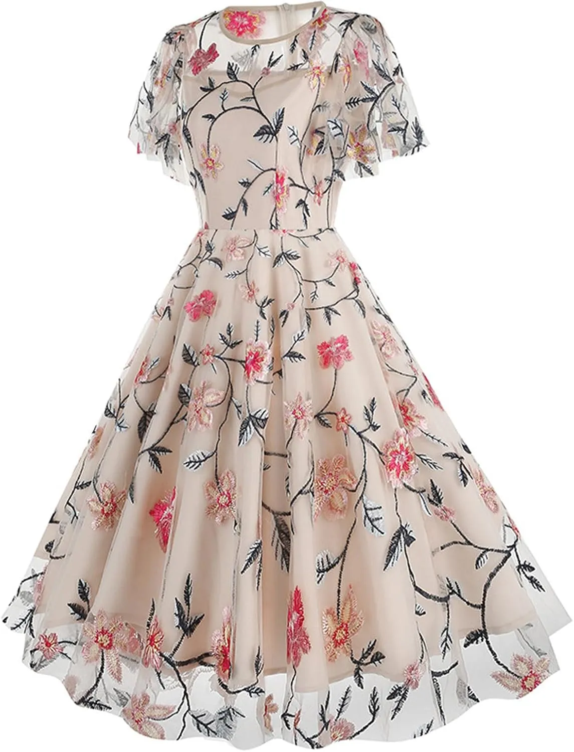 Women's Wedding Guest Dresses Floral Embroidery Tulle Vintage Cocktail Swing Dress Ruffle Short Sleeve Prom Dress