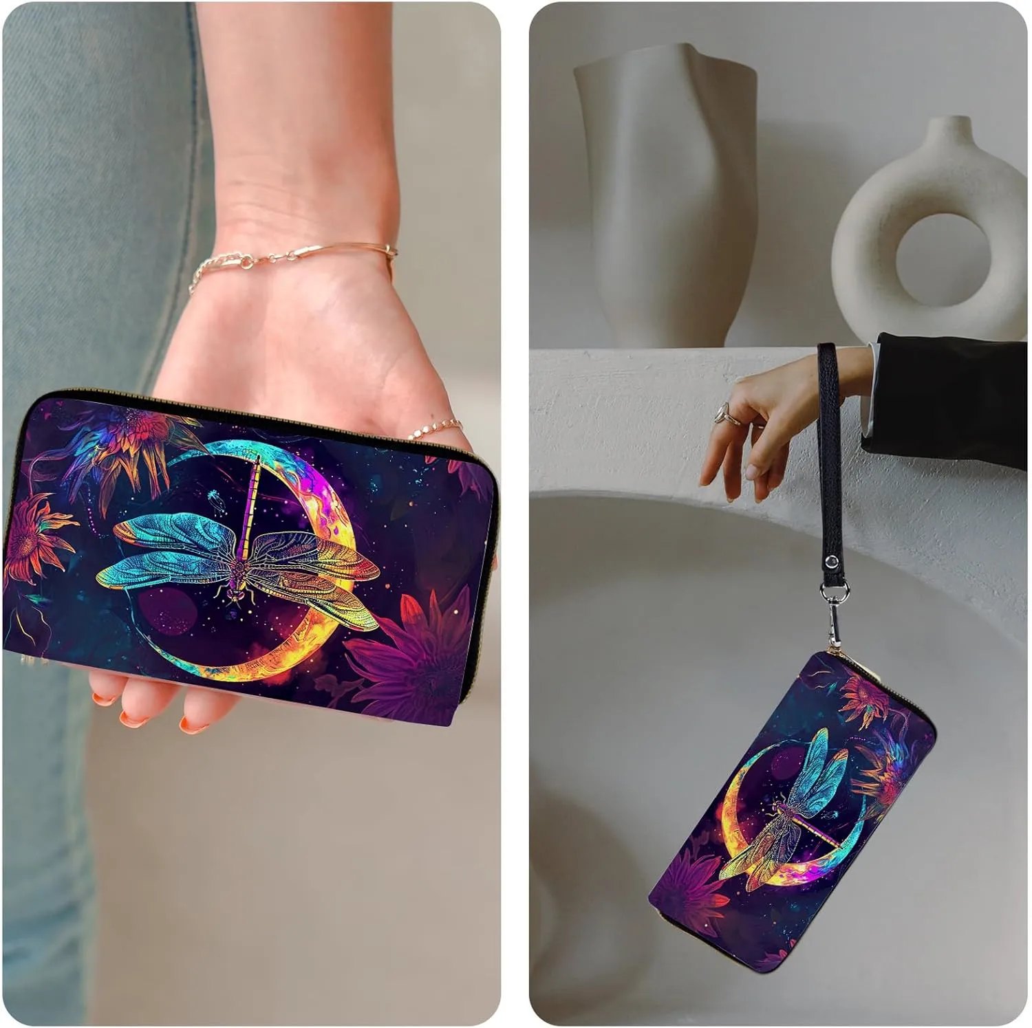 Wristlet Wallets for Women Slim Cute Zipper Wallet with RFID Blocking,PU Leather Clutch Credit Card Holder Wallets Purse for Ladies Wallet,Glitter Dragonfly Moon