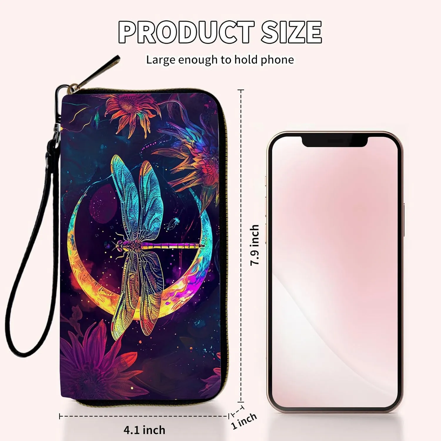 Wristlet Wallets for Women Slim Cute Zipper Wallet with RFID Blocking,PU Leather Clutch Credit Card Holder Wallets Purse for Ladies Wallet,Glitter Dragonfly Moon