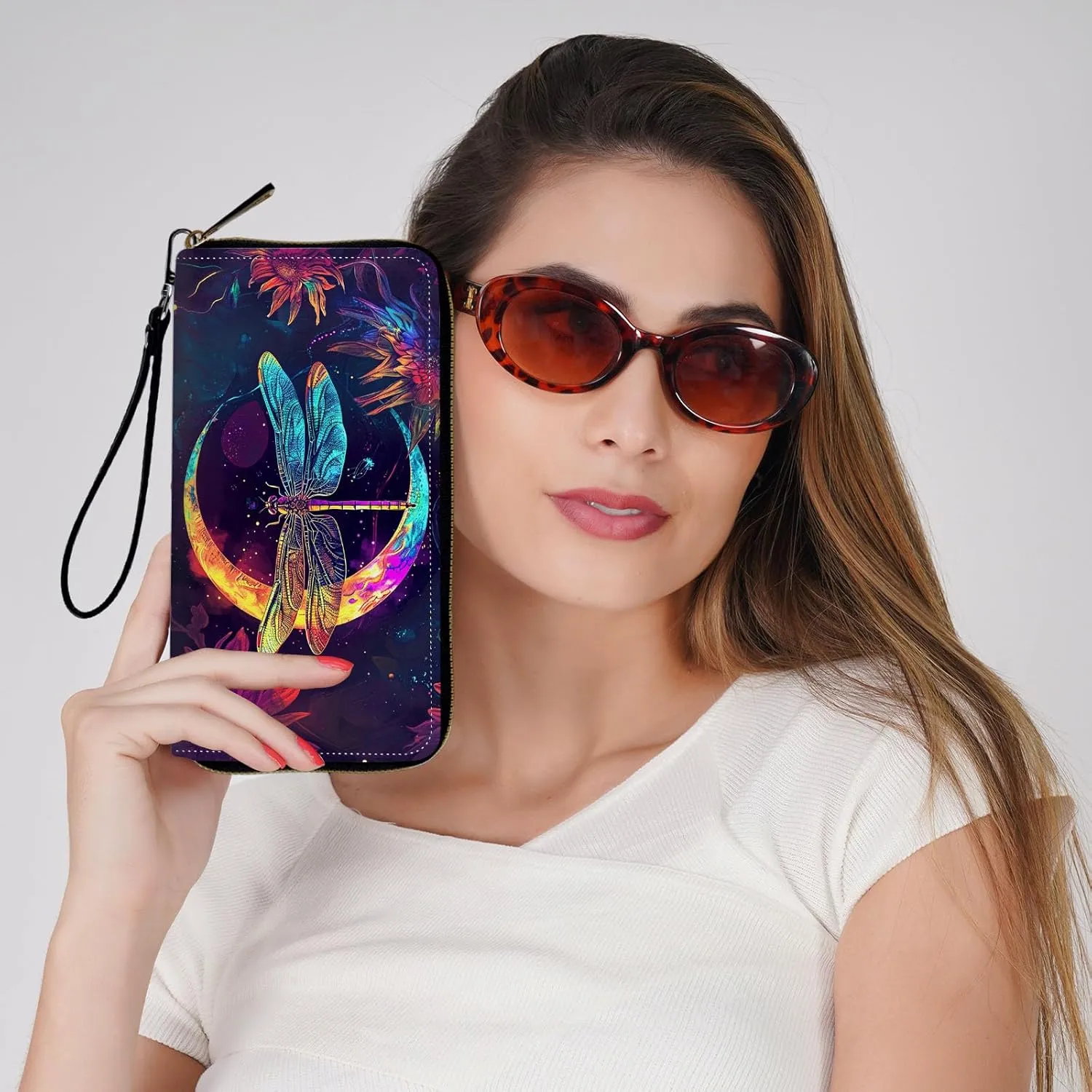 Wristlet Wallets for Women Slim Cute Zipper Wallet with RFID Blocking,PU Leather Clutch Credit Card Holder Wallets Purse for Ladies Wallet,Glitter Dragonfly Moon