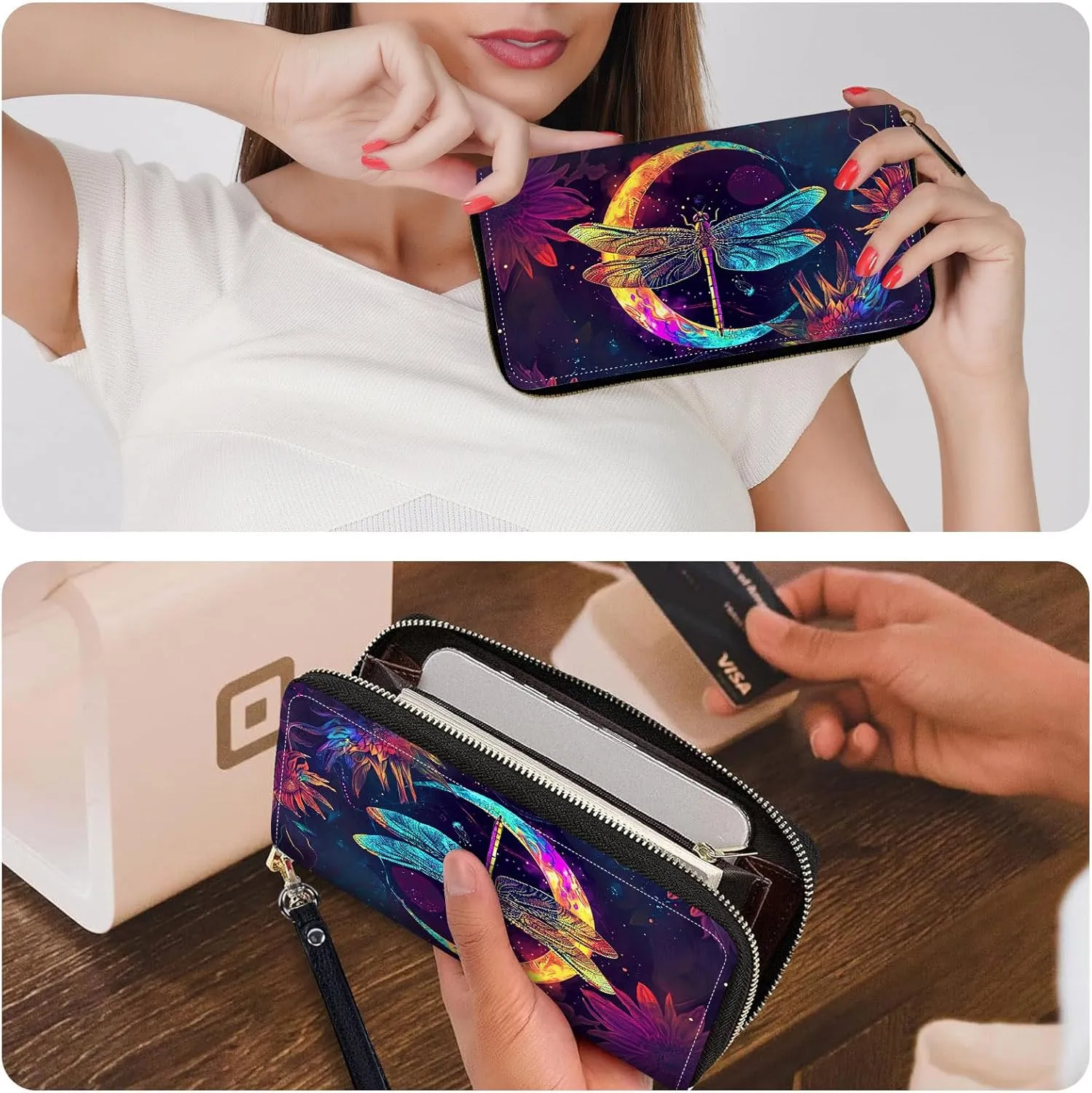 Wristlet Wallets for Women Slim Cute Zipper Wallet with RFID Blocking,PU Leather Clutch Credit Card Holder Wallets Purse for Ladies Wallet,Glitter Dragonfly Moon