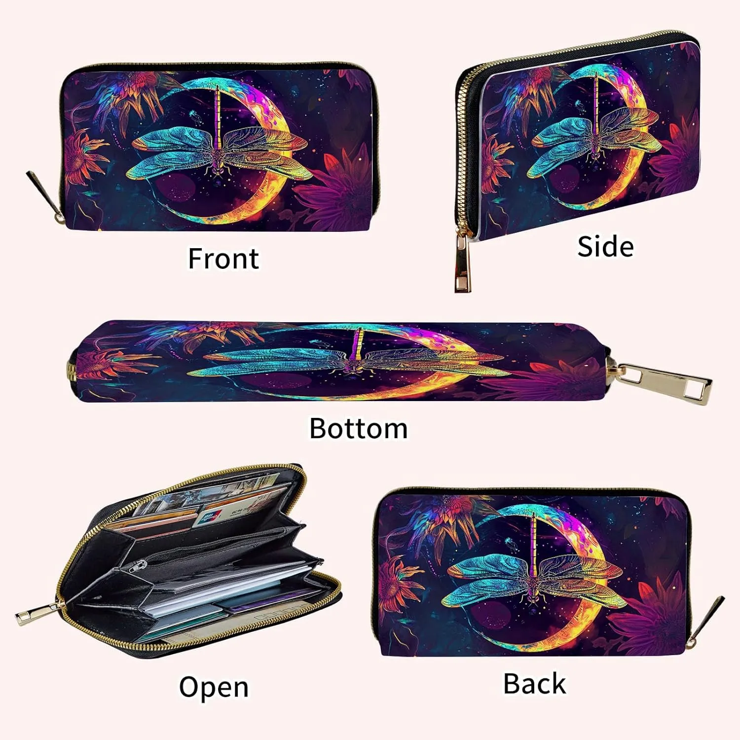 Wristlet Wallets for Women Slim Cute Zipper Wallet with RFID Blocking,PU Leather Clutch Credit Card Holder Wallets Purse for Ladies Wallet,Glitter Dragonfly Moon