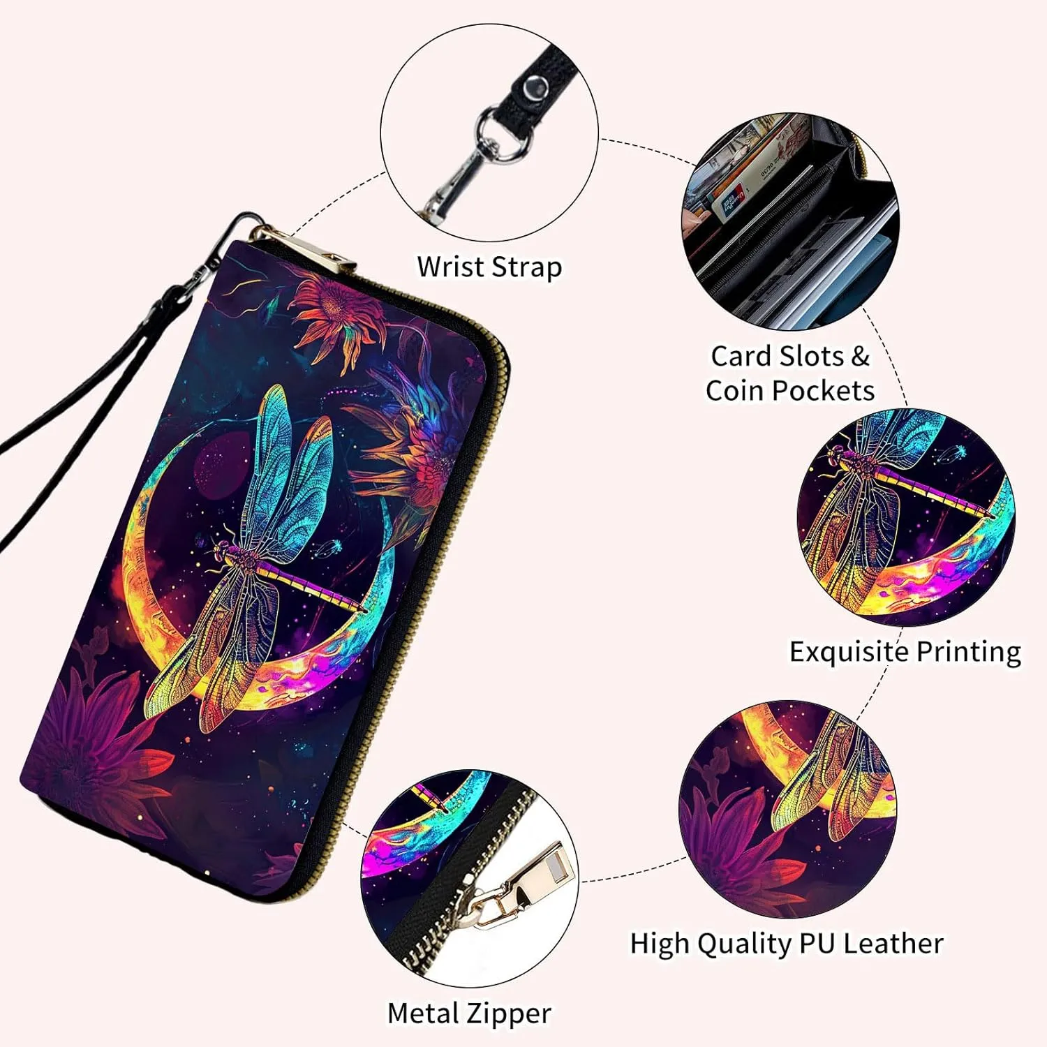 Wristlet Wallets for Women Slim Cute Zipper Wallet with RFID Blocking,PU Leather Clutch Credit Card Holder Wallets Purse for Ladies Wallet,Glitter Dragonfly Moon