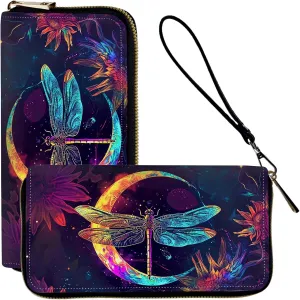 Wristlet Wallets for Women Slim Cute Zipper Wallet with RFID Blocking,PU Leather Clutch Credit Card Holder Wallets Purse for Ladies Wallet,Glitter Dragonfly Moon