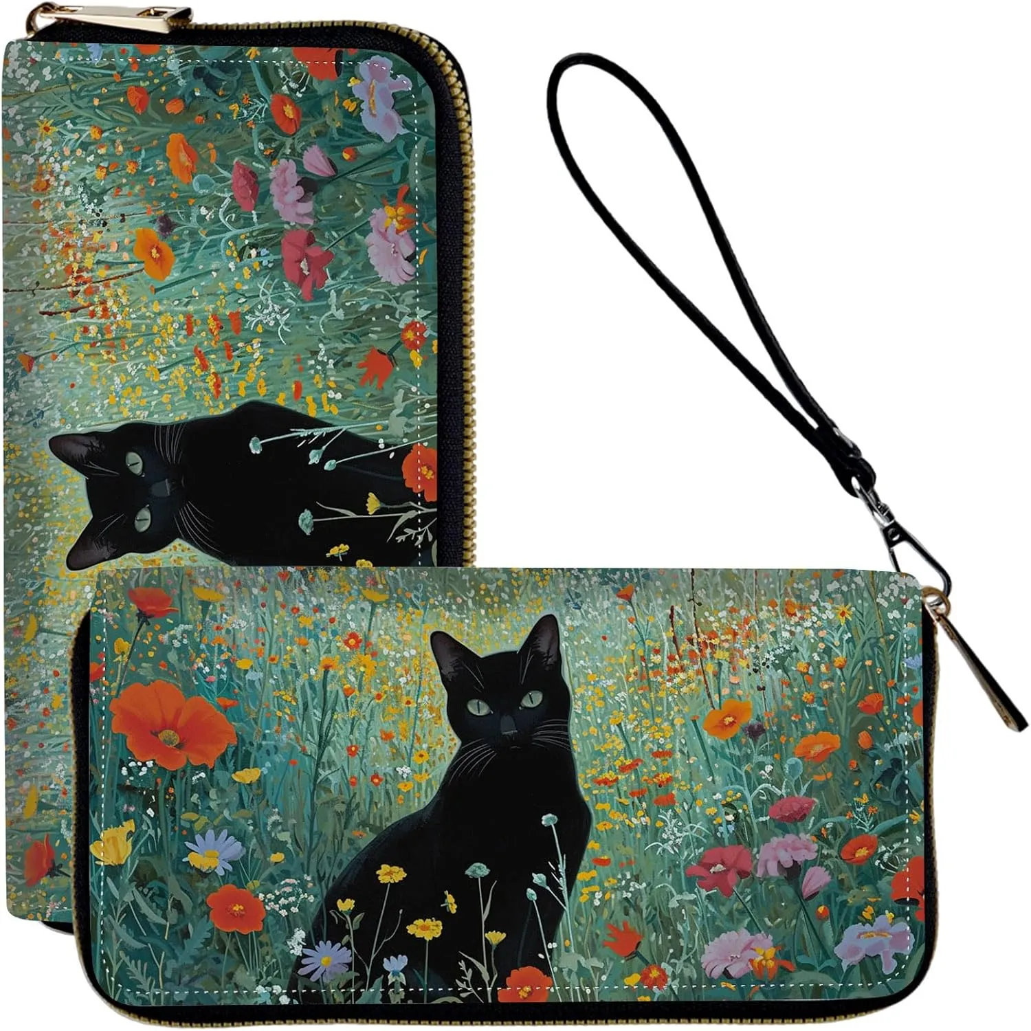 Wristlet Wallets for Women Slim Cute Zipper with RFID Blocking,PU Leather Clutch Credit Card Holder Wallets Purse for Women Ladies,Black Cat Floral