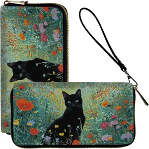 Wristlet Wallets for Women Slim Cute Zipper with RFID Blocking,PU Leather Clutch Credit Card Holder Wallets Purse for Women Ladies,Black Cat Floral