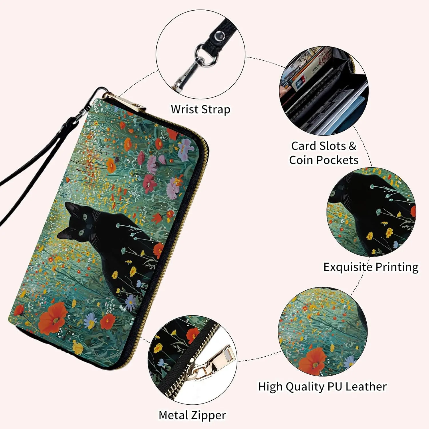 Wristlet Wallets for Women Slim Cute Zipper with RFID Blocking,PU Leather Clutch Credit Card Holder Wallets Purse for Women Ladies,Black Cat Floral