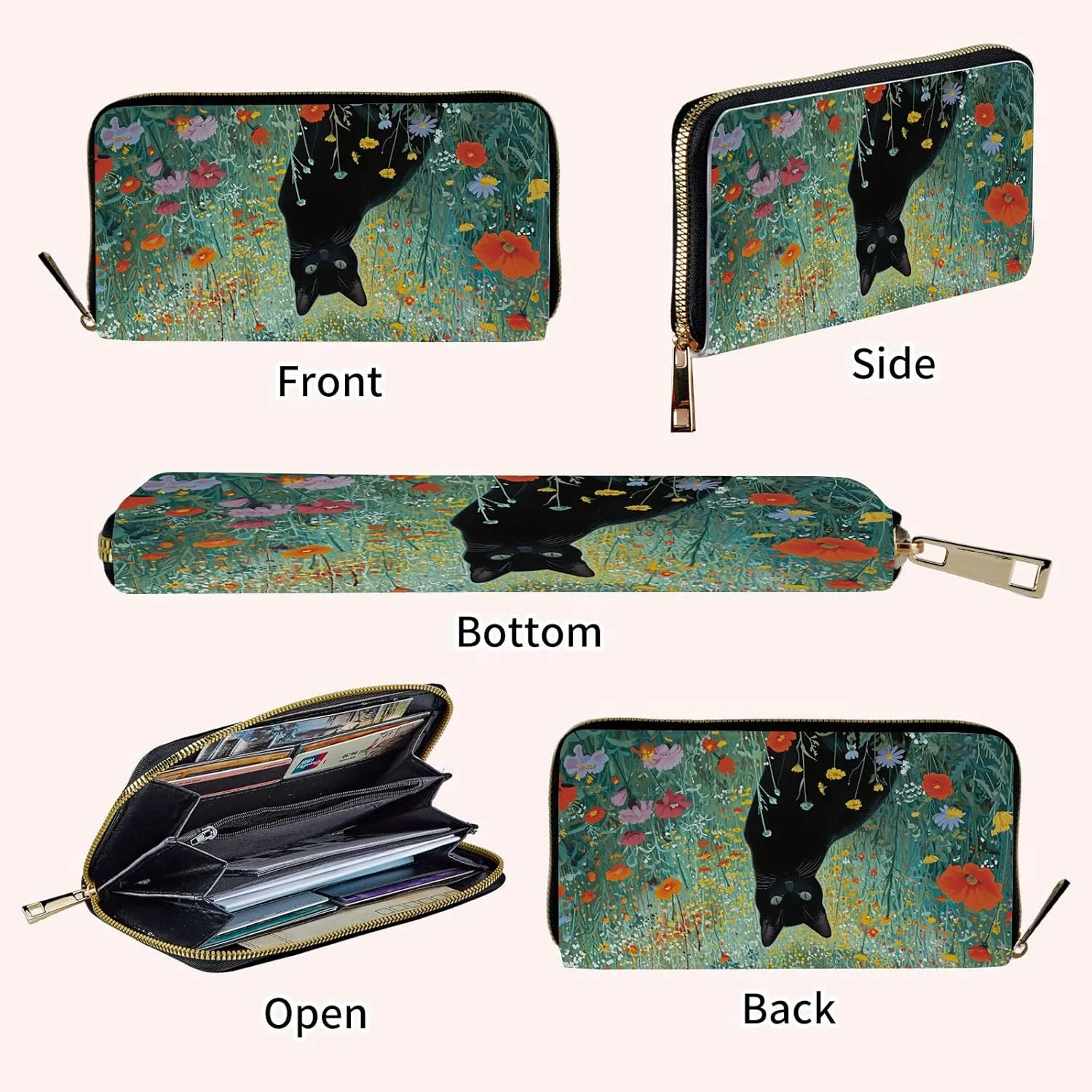 Wristlet Wallets for Women Slim Cute Zipper with RFID Blocking,PU Leather Clutch Credit Card Holder Wallets Purse for Women Ladies,Black Cat Floral