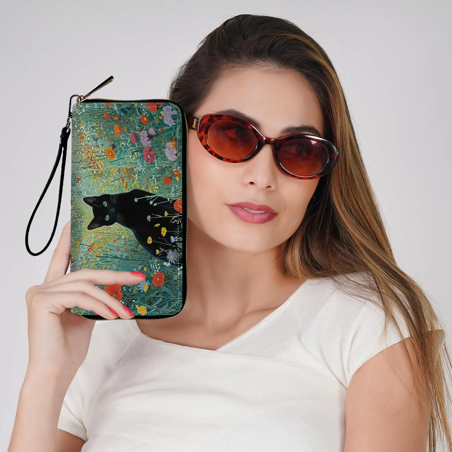 Wristlet Wallets for Women Slim Cute Zipper with RFID Blocking,PU Leather Clutch Credit Card Holder Wallets Purse for Women Ladies,Black Cat Floral