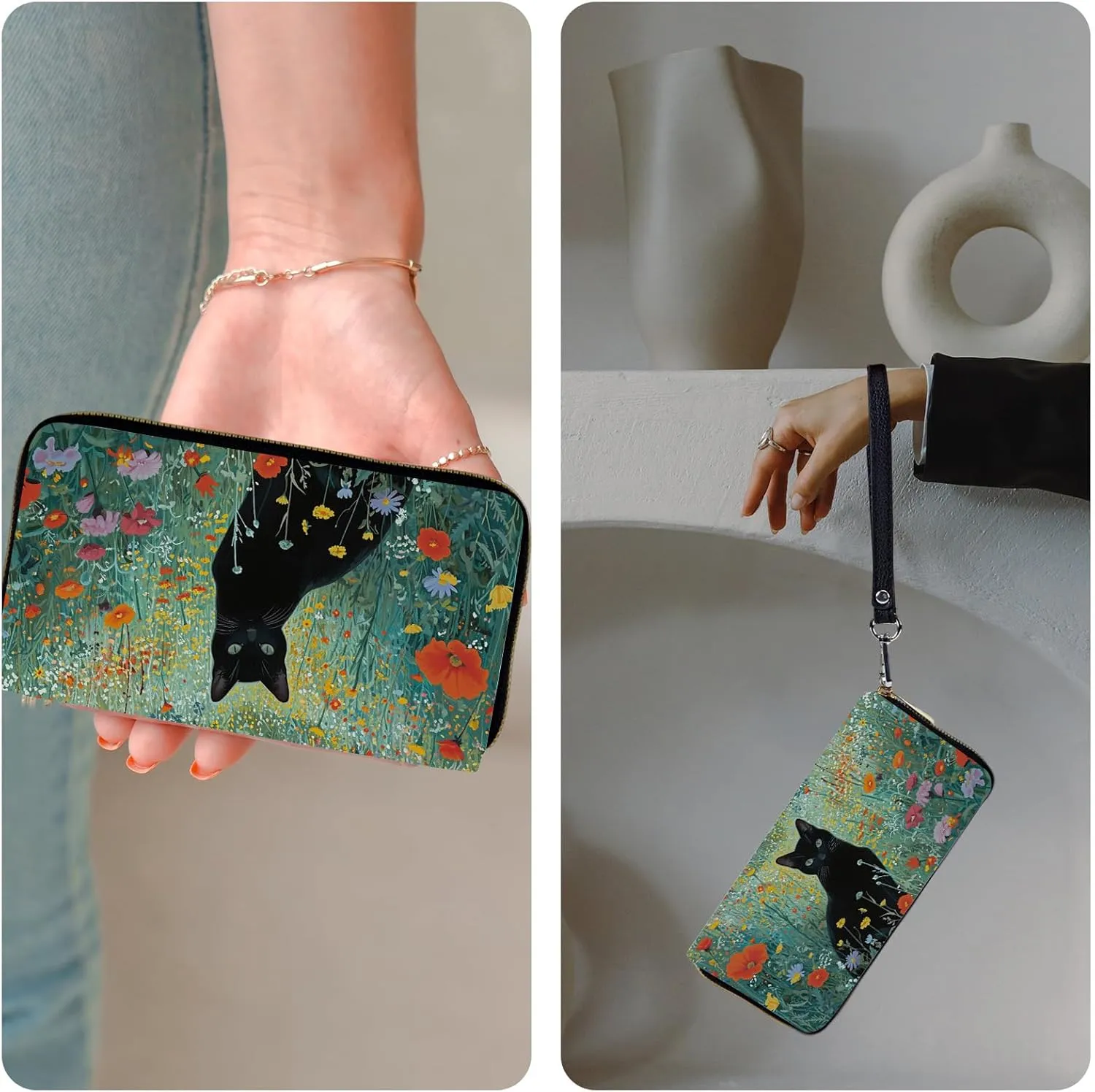 Wristlet Wallets for Women Slim Cute Zipper with RFID Blocking,PU Leather Clutch Credit Card Holder Wallets Purse for Women Ladies,Black Cat Floral
