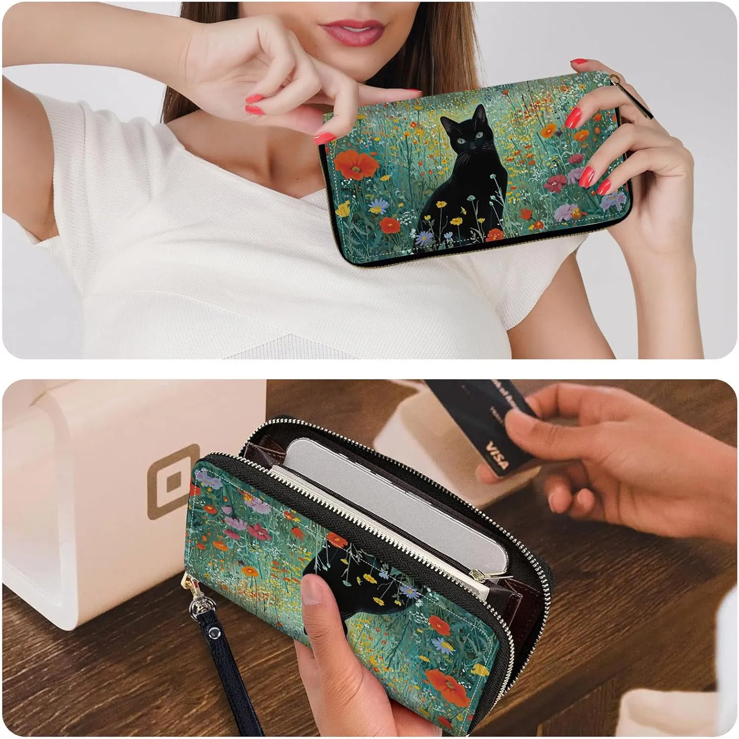 Wristlet Wallets for Women Slim Cute Zipper with RFID Blocking,PU Leather Clutch Credit Card Holder Wallets Purse for Women Ladies,Black Cat Floral