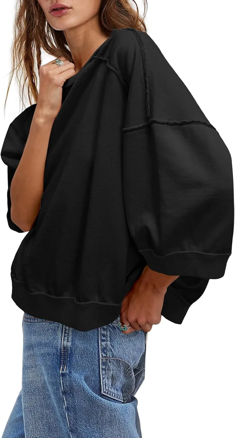 Yanekop Womens Crewneck Short Sleeve Sweatshirt 3/4 Sleeve Tops Color Block Oversized Sweatshirt Summer Shirts