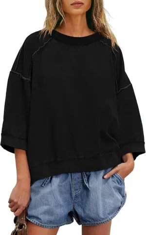 Yanekop Womens Crewneck Short Sleeve Sweatshirt 3/4 Sleeve Tops Color Block Oversized Sweatshirt Summer Shirts