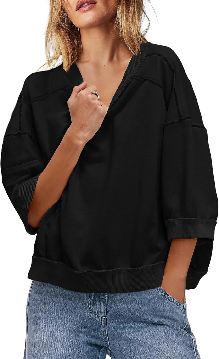 Yanekop Womens Crewneck Short Sleeve Sweatshirt 3/4 Sleeve Tops Color Block Oversized Sweatshirt Summer Shirts
