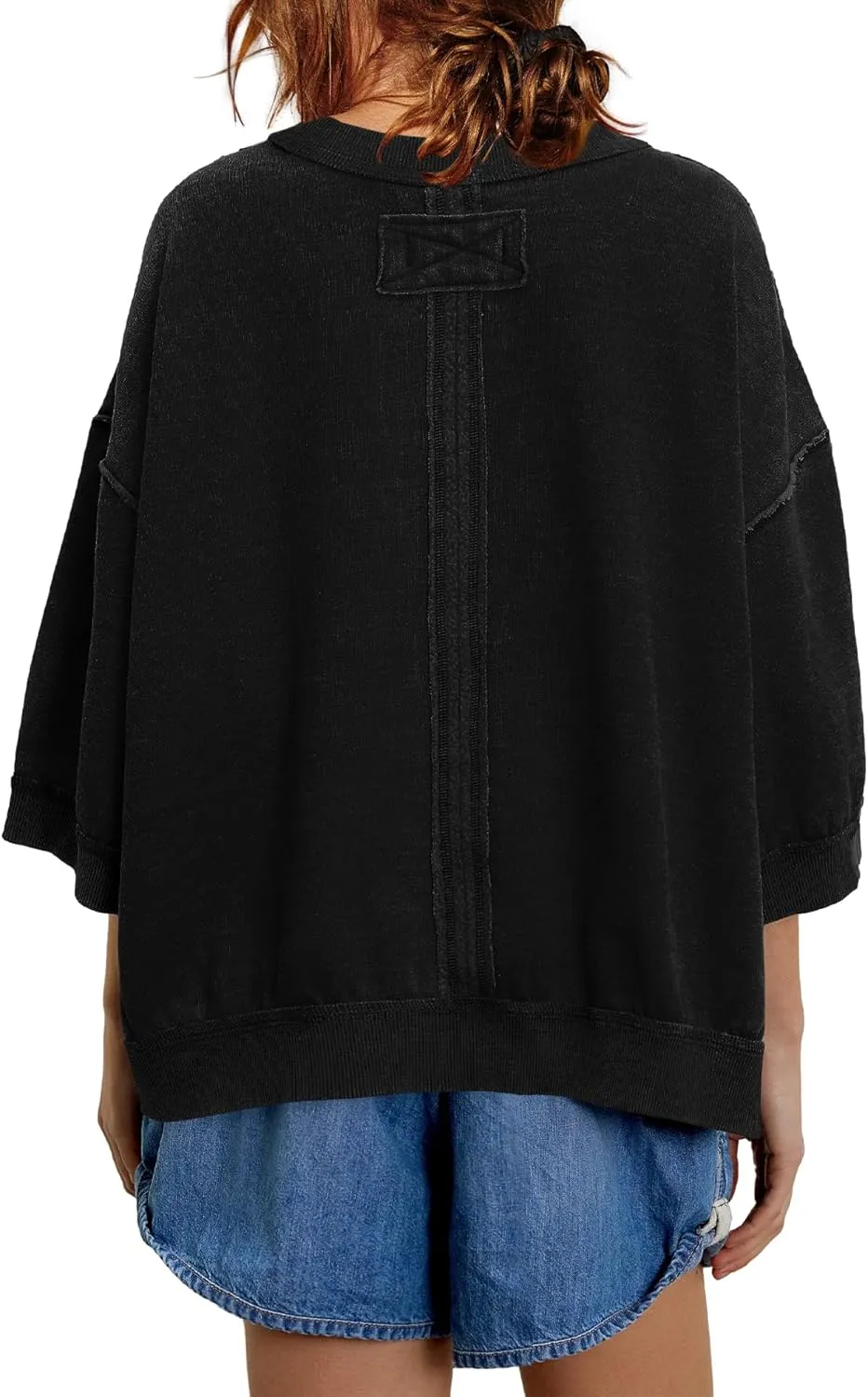 Yanekop Womens Crewneck Short Sleeve Sweatshirt 3/4 Sleeve Tops Color Block Oversized Sweatshirt Summer Shirts