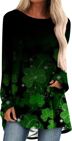 YMING Womens St. Patricks Day Crewneck Pullover Clover Printed Long Shirts Irish Day Shamrock Sweatshirt Tops