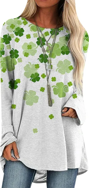 YMING Womens St. Patricks Day Crewneck Pullover Clover Printed Long Shirts Irish Day Shamrock Sweatshirt Tops