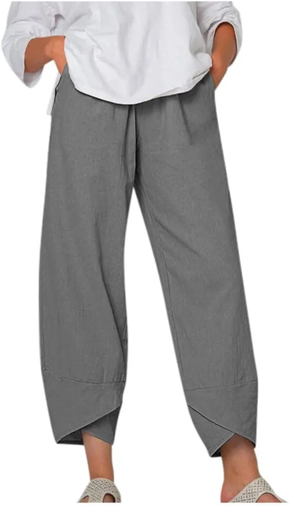 YRAETENM Womens Linen Pants Casual Elastic High Waist Summer Capris Relax Fit Stright Wide Leg Palazzo Pants with Pockets