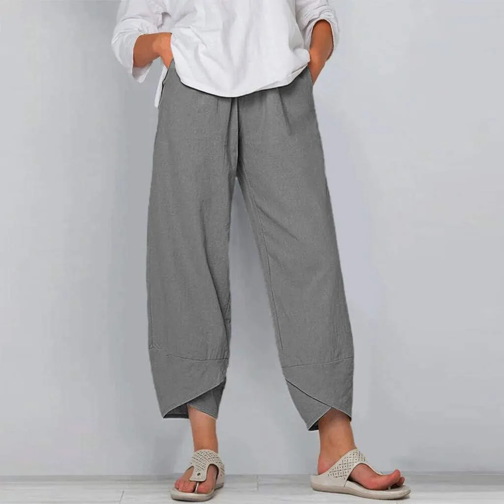 YRAETENM Womens Linen Pants Casual Elastic High Waist Summer Capris Relax Fit Stright Wide Leg Palazzo Pants with Pockets