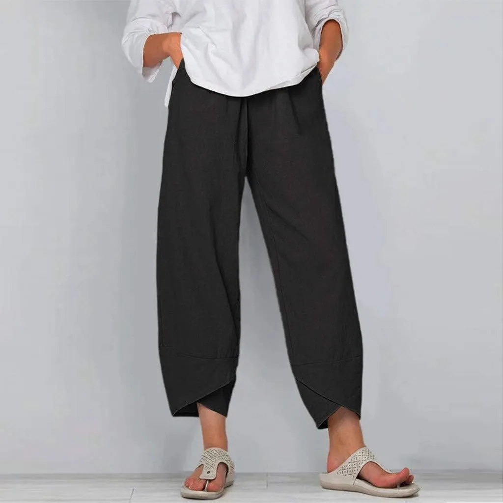 YRAETENM Womens Linen Pants Casual Elastic High Waist Summer Capris Relax Fit Stright Wide Leg Palazzo Pants with Pockets