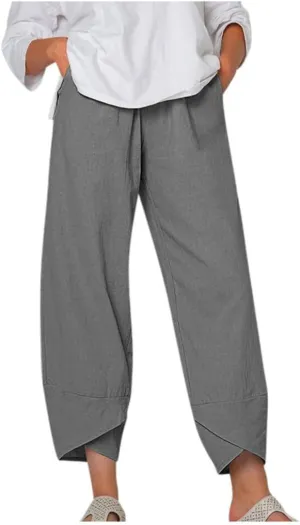 YRAETENM Womens Linen Pants Casual Elastic High Waist Summer Capris Relax Fit Stright Wide Leg Palazzo Pants with Pockets