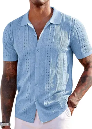 ZAFUL Mens Casual Shirts Cuba Collar Openwork Solid Color Knit Button Down Short Sleeve Shirt Top