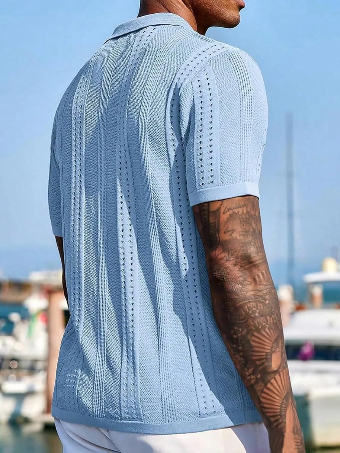 ZAFUL Mens Casual Shirts Cuba Collar Openwork Solid Color Knit Button Down Short Sleeve Shirt Top