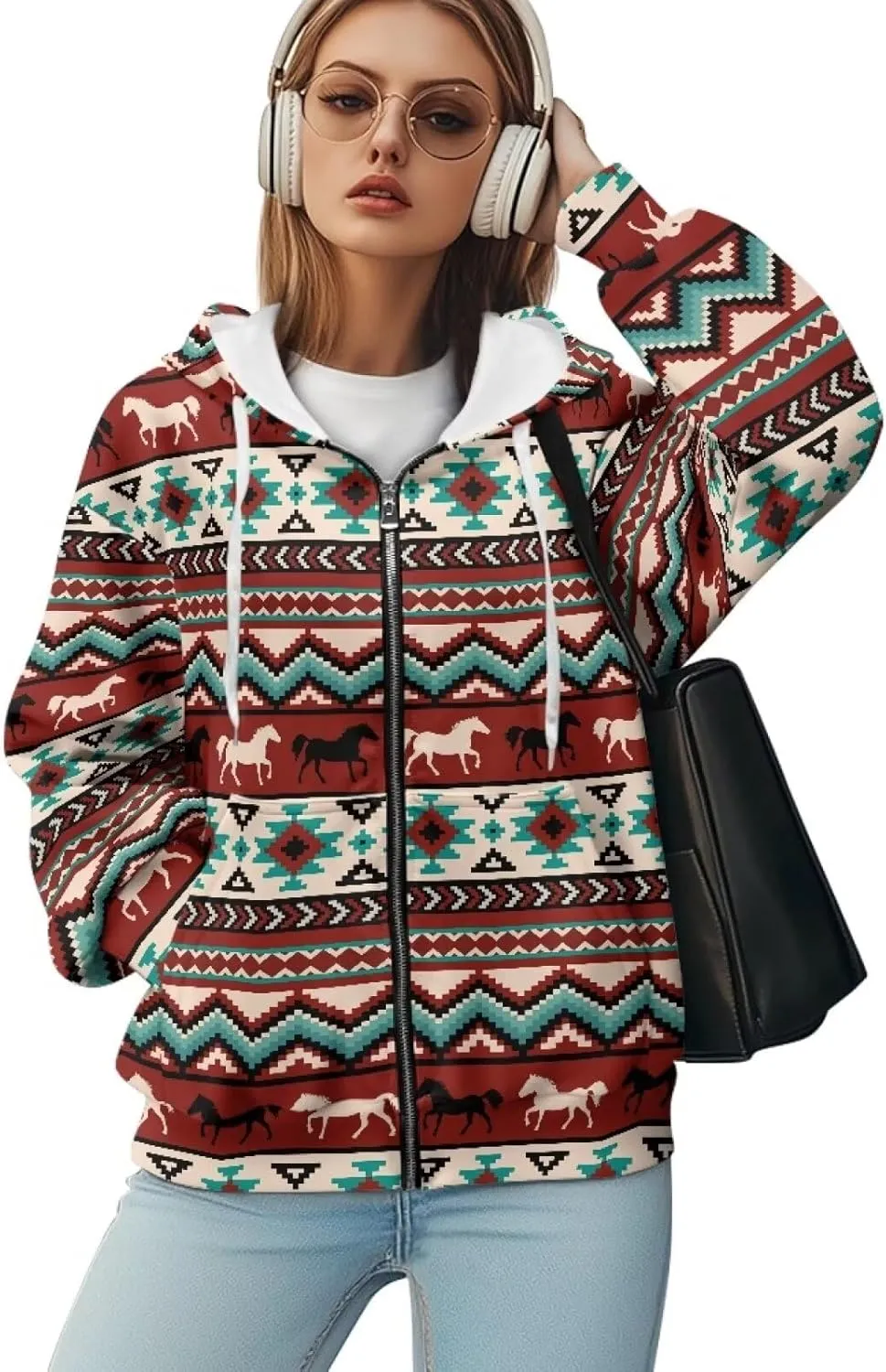 Zip up Sweatshirt for Women Drawstring Printed Loose Casual Hoodies Fall Jacket Oversized with Pocket