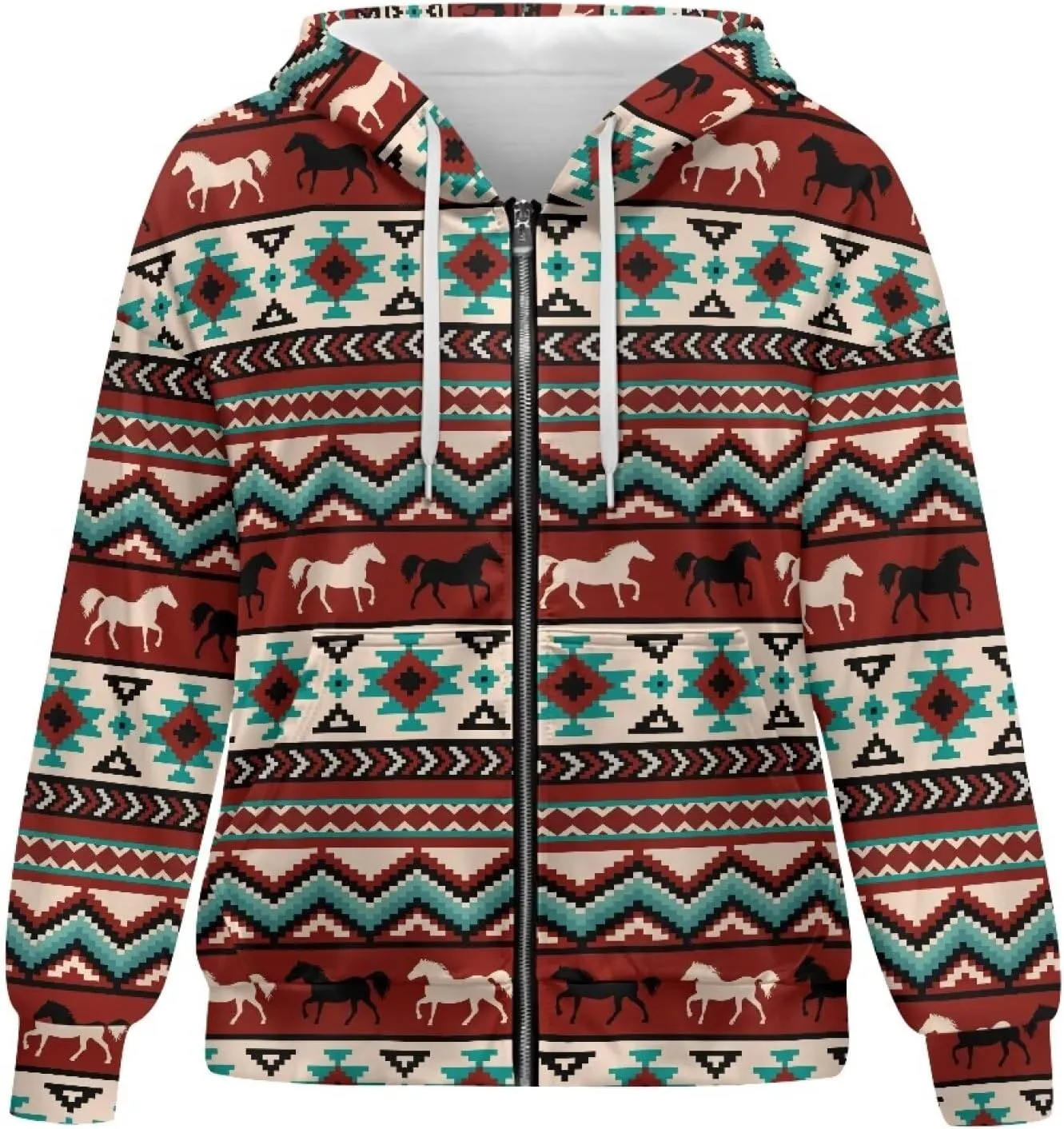 Zip up Sweatshirt for Women Drawstring Printed Loose Casual Hoodies Fall Jacket Oversized with Pocket