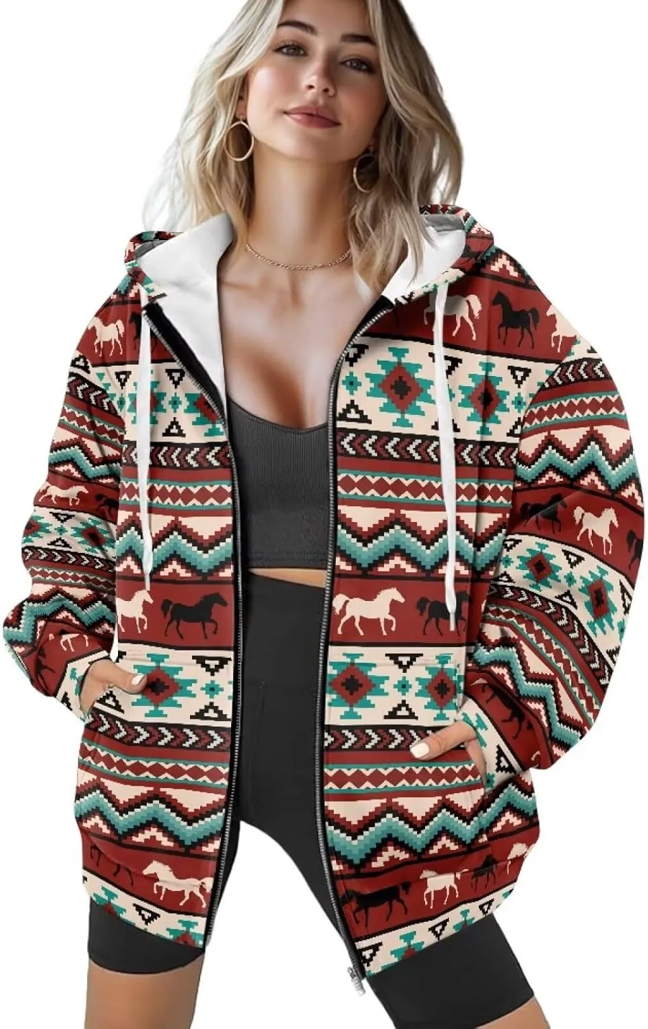 Zip up Sweatshirt for Women Drawstring Printed Loose Casual Hoodies Fall Jacket Oversized with Pocket